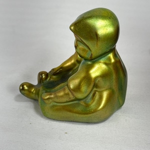 Zsolnay Girl Eosin golden yellow green iridescent glaze Vtg ceramic porcelain figurine Hungary circa 1926 Mint 3x3” palm size collectible