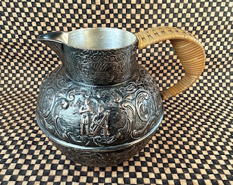 Edwardian silver plate teapot antique E.G. Webster intricate repousse mini pitcher woven rattan handle creamer