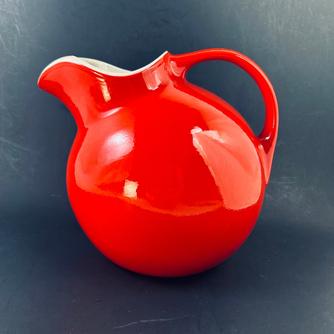 Halls 1950s Pottery Ball Jug Bright Red Ceramic Pitcher W Ice Lip EZ ...