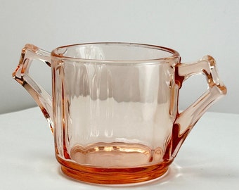 Vtg pink glass sugar bowl Cambridge EAPG depression double handle cup 1940s serving pressed pattern ribbed