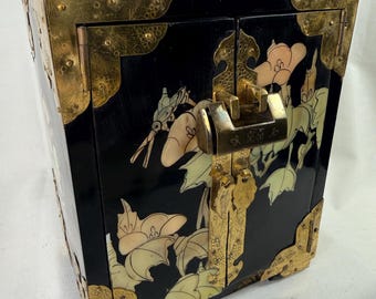 Vintage 2 door jewelry chest w brass lock & key, mother of pearl inlay 3 drawer lacquerware jewelry cabinet