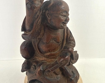 Vintage antique Lui Hai bamboo root carving Daoist immortal riding 3 legged toad 12 cm