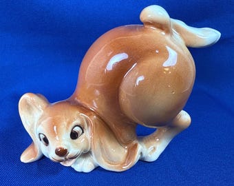 Vintage ceramic bunny tumbling brown rabbit Quan Quan style figurine Japan