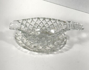 Vintage 2 piece glass sauce dish gravy boat diamond pattern 4.75" H x 6" W EAPG 1.5 oz.