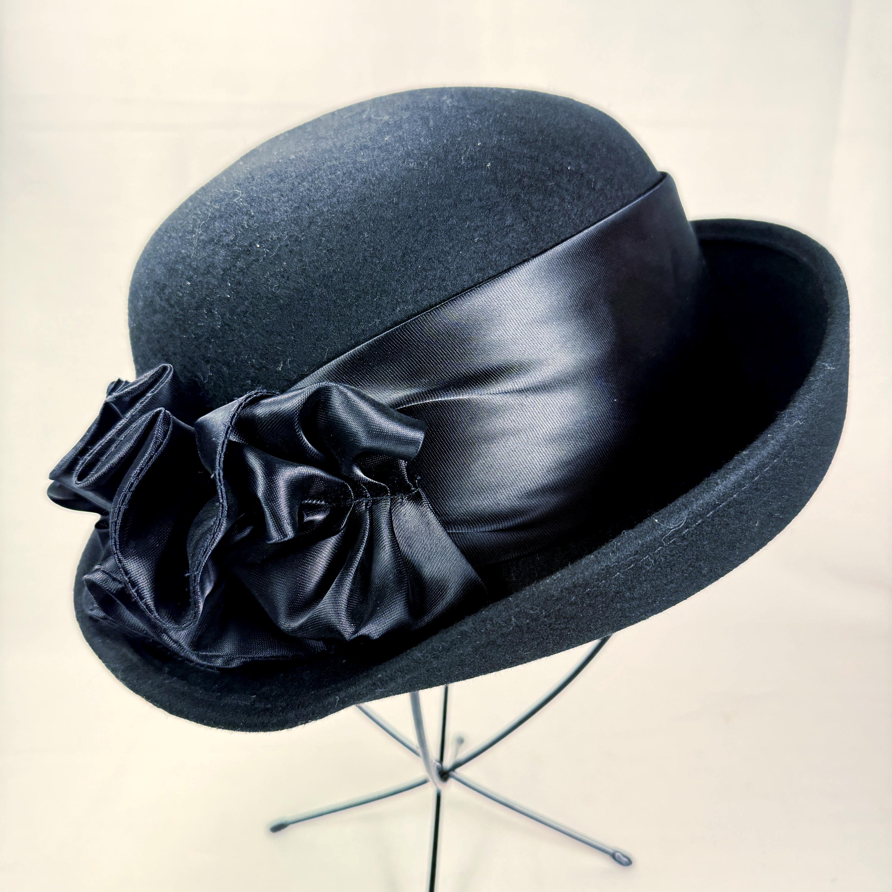 Amanda Smith Vintage Black Bucket 100 % Wool Hat has a ribbon band with bow Amanda Smith Hats - Etsy main image 3