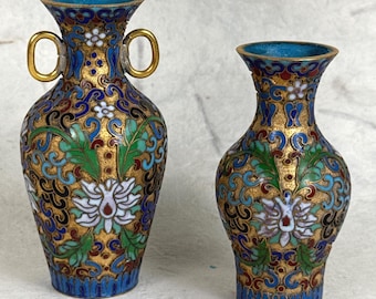Vintage cloissonne Vases Pair open work miniature 3 7/8th inch raised enamel