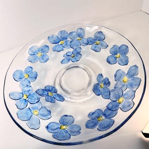Vintage Glass 13" Platter Lancaster Colony Blue Dogwood 3" deep cottage core bowl mid century retro boho floral footed party tray hand paint