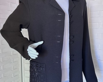 Vtg Zelda brand beaded jacket blazer womens suit coat black modern rayon crepe, size 12, lined, covered buttons, pockets pro tailoring