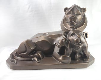 Austin sculpture Lion Family by Rafael S, Durastone vintage large decor 14”x 9 x 8.75H