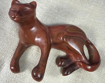Vintage cat faux wood resin hand crafted figurine, artisan signed