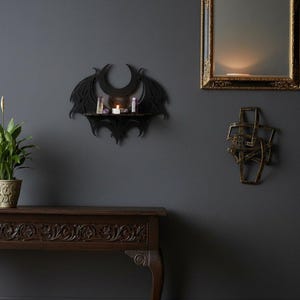 Gothic Wall Shelf – Halloween Decor, Bat Wall Art, Crystal Display, Witchy Home Accent, Black Wood Shelf