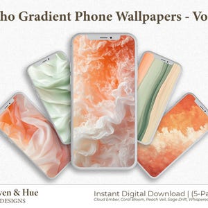 May include: A collection of five smartphones displaying abstract gradient wallpapers in shades of orange, peach, and green. The text "Boho Gradient Phone Wallpapers - Vol. 1" is at the top. The bottom of the image includes the text "Haven & Hue DESIGNS" and "Instant Digital Download | (5-Pack)".