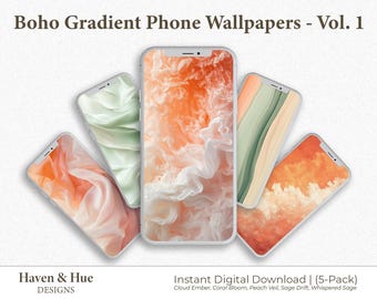 Boho Gradient Phone Wallpapers – Vol. 1 | Aesthetic Sage, Peach, Coral PNG Bundle (5-Pack) | Minimalist Digital Download