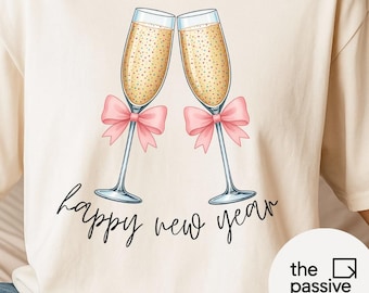 PNG de Feliz Año Nuevo / Lazo para sublimación de copas de champán / Descarga digital Año Nuevo 2026 / Diseño para fiesta coqueta / Camiseta moderna de Año Nuevo PNG