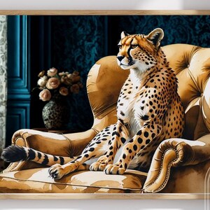 Cheetah Art Print, Blue Wall Art, Animal Art Print, Leopard Cat Modern Contemporary Art
