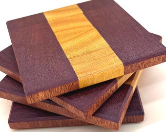 Handmade Mahogany & Osage Orange Coaster Set | Exotic Hardwood Drink Coasters | Modern Wooden Coasters | Set of 4