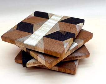 Geometric Curly Maple, Walnut & Cherry Wood Coaster Set | Handmade Hardwood Coasters | Pack of 4 | Functional Wood Art | 4” x 4”
