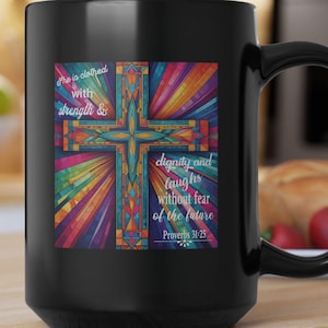 Women&#39;s Proverbs 31:25 Black Mug - 11oz & 15oz, Faith-Based Coffee Cup