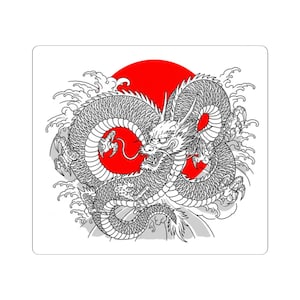 Japanese Dragon Sticker - Traditional Irezumi Tattoo Style - Red Sun and Waves - Samurai Art Vinyl Decal