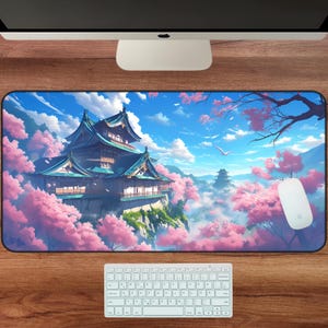 Cherry Blossom Mountain Palace Desk Mat | Gamer Mouse Pad, Office Decor, Desk Accessory, Gift for Him/Her, Aesthetic Home Office