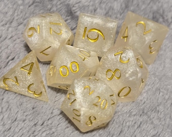 Pearl White DnD Dice Set with Gold Ink | Handmade Resin Polyhedral Dice | RPG Dice Set | D&D Gift