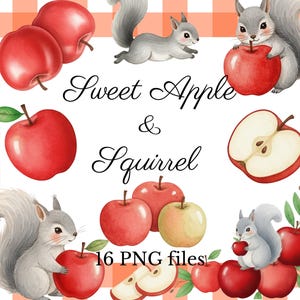 Puede incluir: Ilustración en acuarela con manzanas rojas y ardillas grises. El texto "Sweet Apple & Squirrel" se muestra en una escritura elegante. La imagen incluye un fondo de cuadros y el texto "16 PNG files".