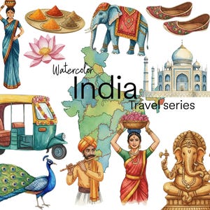 May include: Watercolor illustration of India featuring cultural elements. Includes a woman in a blue sari, an elephant, Taj Mahal, peacock, auto rickshaw, spices, lotus flower, and text that reads "Watercolor India Travel series."