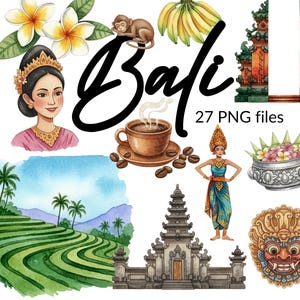 Bali Clipart Bundle, Watercolor Indonesia Travel PNG, Tropical Island Illustration Set, Summer Vacation Graphics, Exotic Beach Clipart