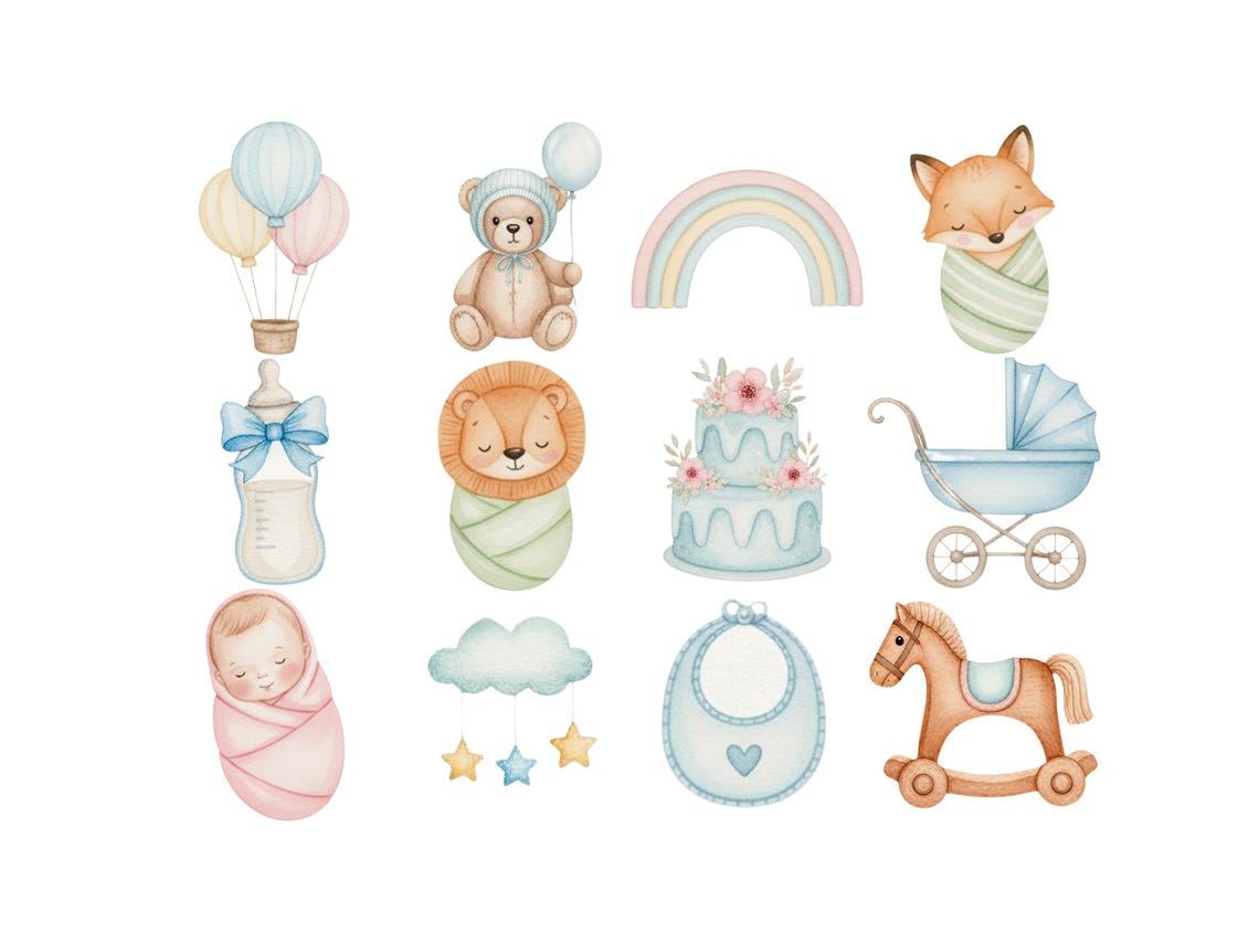 Watercolor Baby Shower Clipart Bundle, Cute Rainbow Cake Gift PNG ...