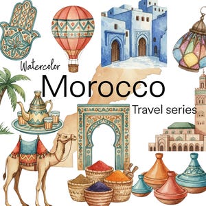 Puede incluir: Ilustración en acuarela de la serie de viajes a Marruecos. Presenta un camello, un globo aerostático, edificios, un símbolo de mano, una linterna, una palmera, una tetera con vasos y tagines. La palabra "Marruecos" está en el centro.