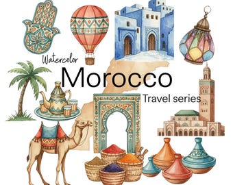 May include: Watercolor illustration of Morocco travel series. Features a camel, hot air balloon, buildings, a hand symbol, a lantern, a palm tree, a teapot with glasses, and tagines. The word "Morocco" is in the center.