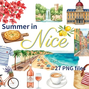 Pacote de Clipart da França, Aquarela da Riviera Francesa em PNG, Conjunto de Ilustrações de Praia de Verão, Gráficos de Viagem ao Mediterrâneo, Clipart Costeiro
