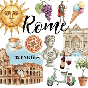 Puede incluir: Ilustraciones en acuarela de Roma, Italia, con el Coliseo, la Fontana de Trevi, un soldado romano, pizza, helado, una Vespa y un busto. La palabra "Roma" está escrita en cursiva. Incluye 32 archivos PNG.