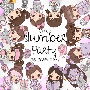 May include: Digital illustration of cartoon girls in pyjamas, surrounded by balloons and party-themed items. The text "Cute Slumber Party" is displayed, along with "36 PNG files". The girls are depicted with various accessories, including eye masks, teddy bears, and popcorn.