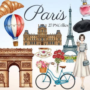 Puede incluir: Ilustración en acuarela de iconos parisinos: Torre Eiffel, Arco del Triunfo, Louvre, globo aerostático, mujer con boina, bicicleta y croissant. El texto "Paris" y "27 PNG files" también están incluidos.