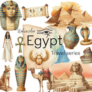 May include: Watercolor illustration of Egypt with pyramids, pharaoh, sphinx, camel, and other ancient Egyptian symbols. The text "Watercolor Egypt Travel series" is also included.