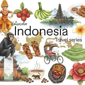 Indonesia Travel Watercolor Clipart, Bali Temples, Beaches, Culture &Tropical Elements, Bali, 36PNG