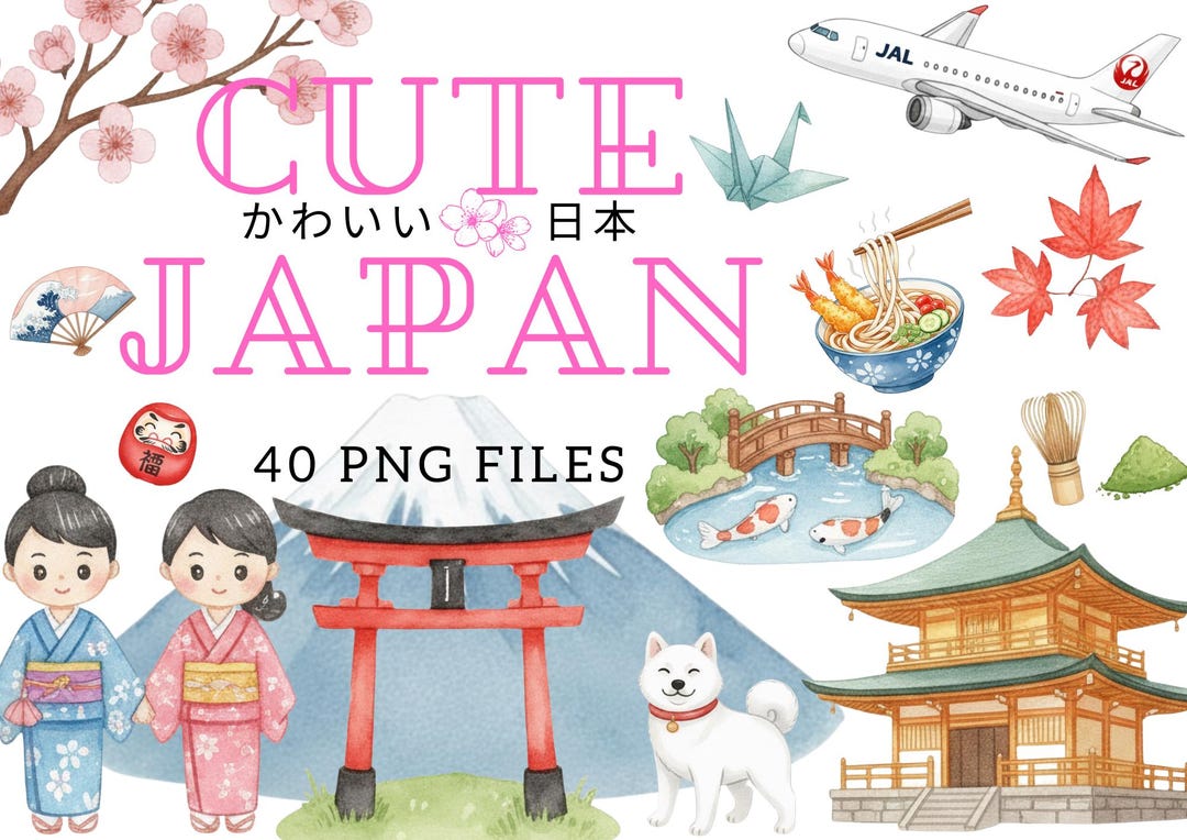 Cute Japan Travel Clipart, Watercolor Japan Elements, Kawaii Japanese