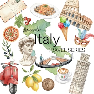 Watercolor Italy Travel Clipart, Italian Landmarks & Food PNG set, colosseum, Vespa, Pasta, Wine, Venice gondola clipart bundle, 36 PNGs