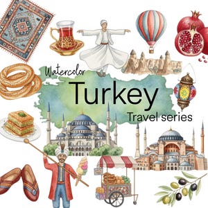 Imágenes prediseñadas de viajes a Turquía en acuarela, conjunto PNG de monumentos y cultura turca, mezquita de Estambul, globo aerostático, paquete de imágenes prediseñadas de linterna, 36 PNG