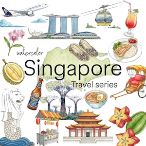 Aquarel Singapore reisclipart, bezienswaardigheden en stadselementen, Aziatische reisillustraties, digitale download, 36 PNG