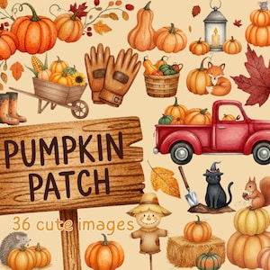 以下が含まれることがあります： カボチャ、赤いピックアップトラック、PUMPKIN PATCH 36 cute imagesという文字が書かれた木製の看板、かかし、黒猫、キツネ、リス、ハリネズミ、園芸用具、秋の葉を描いた秋をテーマにした水彩画イラストのコレクション。