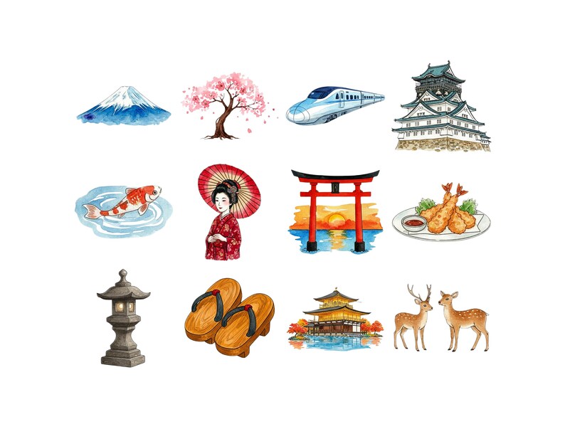 Watercolor Asia Travel Clipart Bundle, Japan Korea China Landmarks PNG ...