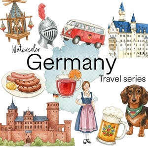 May include: Watercolor illustration of Germany featuring a red and white VW bus, a castle, a dachshund, and traditional food and drink. The image includes the text "Germany Travel series".