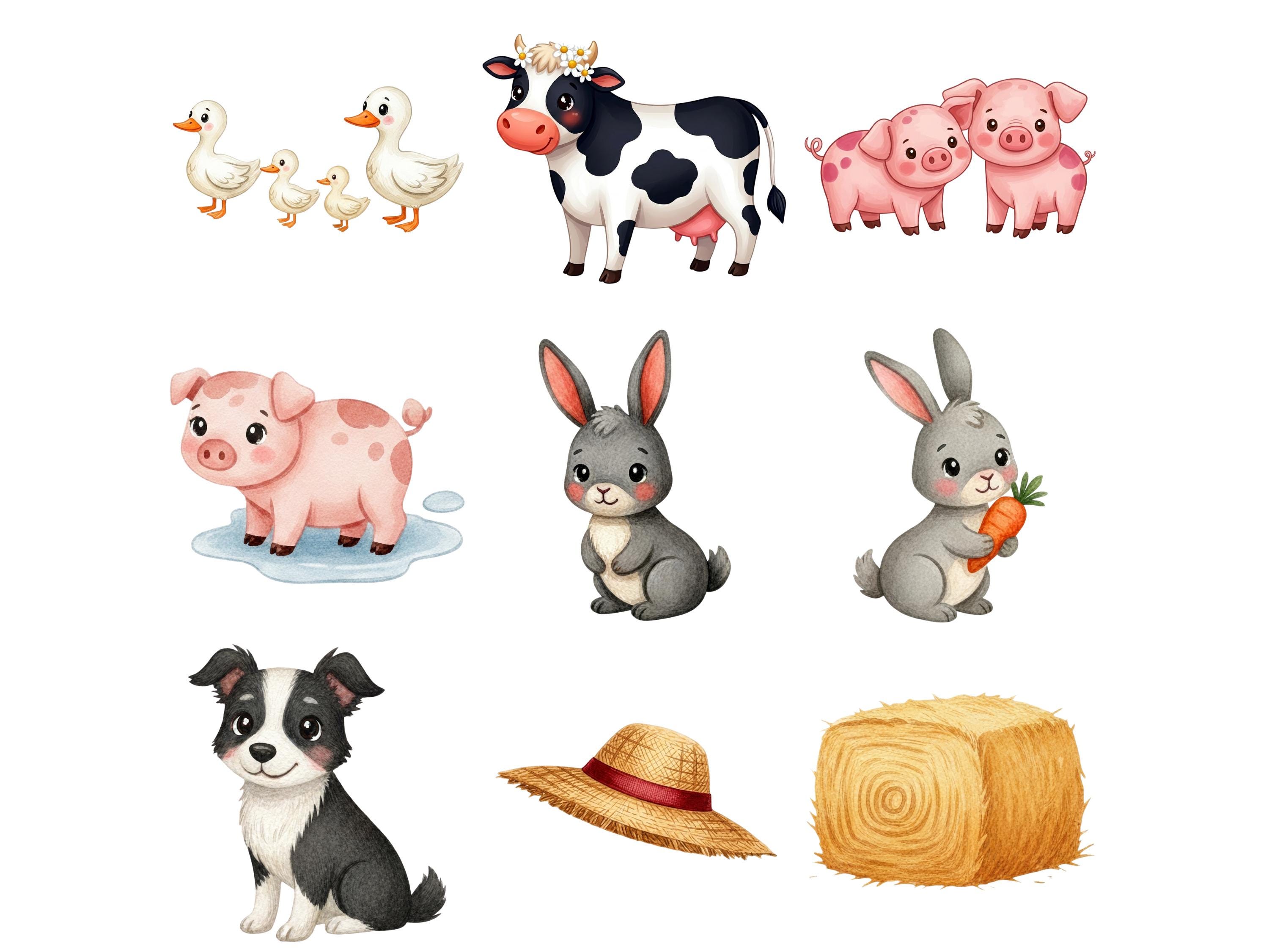 Watercolor Farm Animals Clipart Bundle, Cute Barnyard Animals PNG, Cow ...