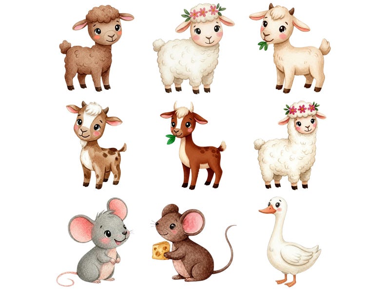 Watercolor Farm Animals Clipart Bundle, Cute Barnyard Animals PNG, Cow ...