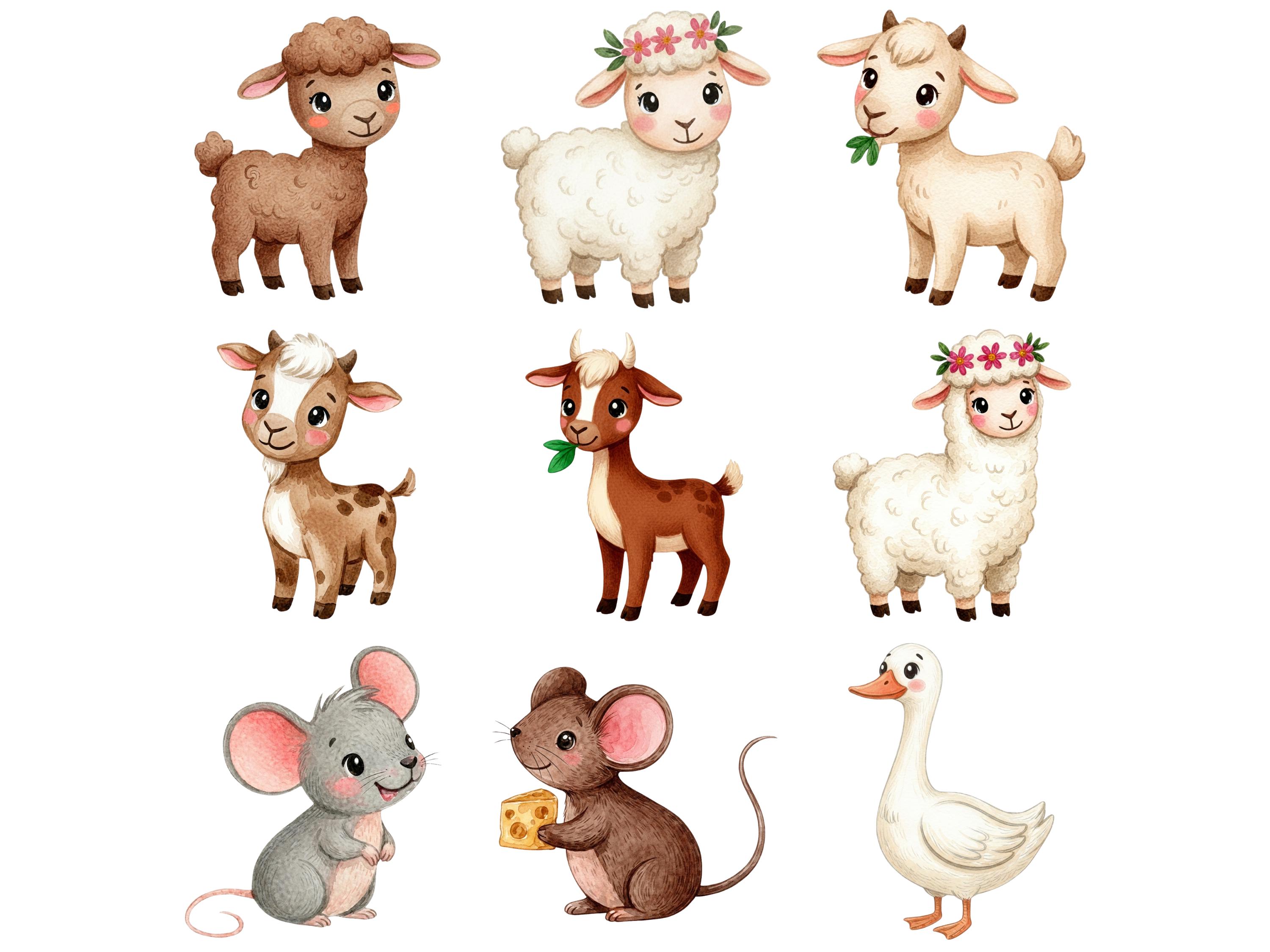 Watercolor Farm Animals Clipart Bundle, Cute Barnyard Animals PNG, Cow ...