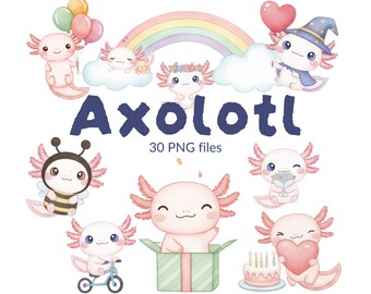 Cute Axolotl Clipart Bundle, Kawaii Salamander PNG, Soft Pastel Axolotl Illustration Set, Cute Animal Graphics, Digital Download