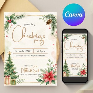 Könnte beinhalten: Eine Weihnachtsparty-Einladungskarte mit Aquarellillustrationen eines geschmückten Baumes, Weihnachtssternen, Tannenzweigen und Geschenken. Der Text lautet Join us for a Christmas party, December 24th at 7 pm, 123 Anywhere St, und Hosted by Nikkie & Scott.