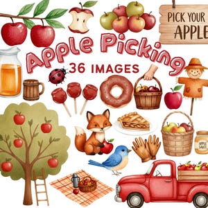 Puede incluir: Una colección de ilustraciones en acuarela con temas de recolección de manzanas, que incluye manzanas rojas, un letrero de madera que dice PICK YOUR OWN APPLES, un camión rojo, un zorro, un pájaro azul, un espantapájaros, cestas, un pastel, una dona y una jarra de sidra.